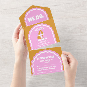 We Do Modern Bold Pink Yellow Retro Wavy Arch All In One Invitation