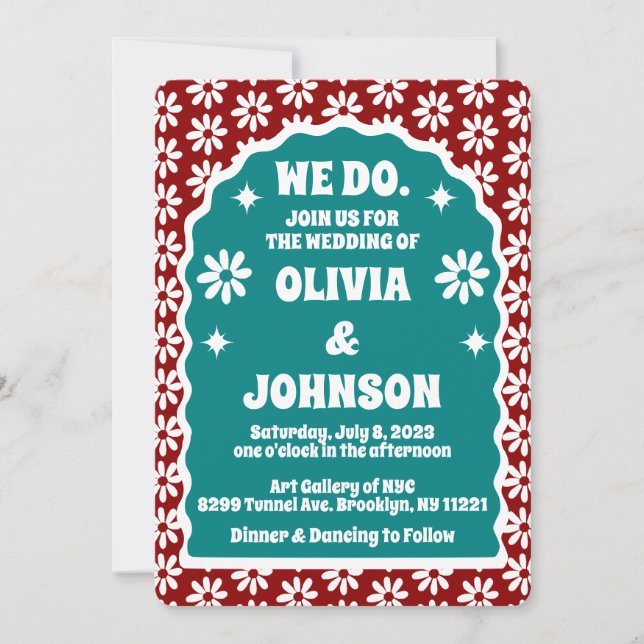 We Do Modern Bold Red Teal Retro Boho Daisy Invitation (Front)