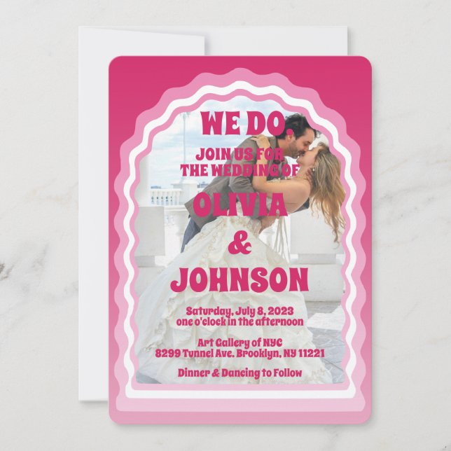 We Do Modern Pink Magenta Retro Wavy Arch Photo Invitation (Front)
