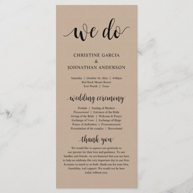 We Do, Modern Wedding Ceremony, Brown Kraft Program (Front)