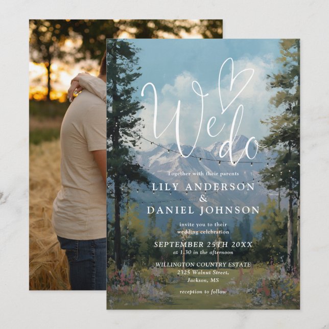We Do Mountain Floral String Lights Wedding Photo Invitation (Front/Back)