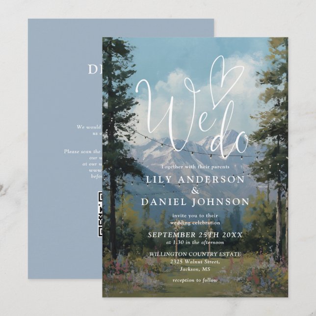 We Do Mountain String Lights Wedding QR Code Invitation (Front/Back)