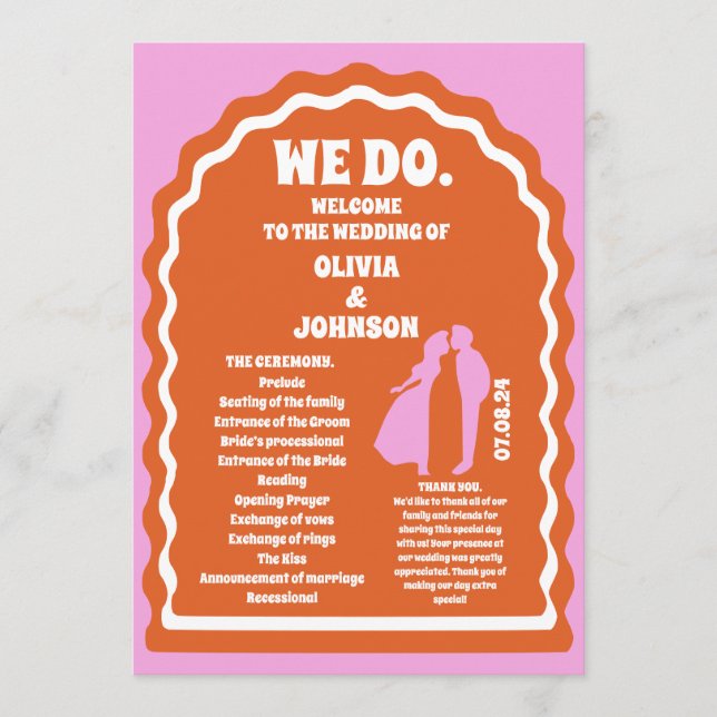 We Do Orange Retro Arch Wedding Order of Service Program (Front)