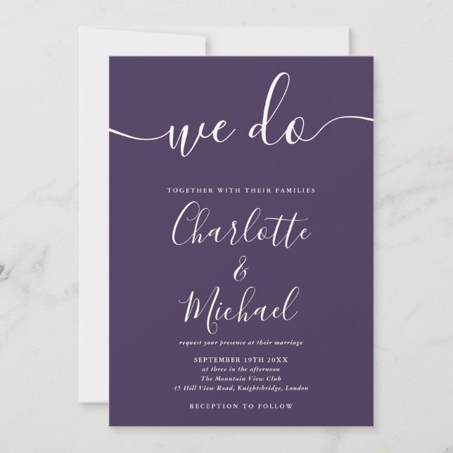 We Do Purple Signature Script Wedding Invitation (Front)