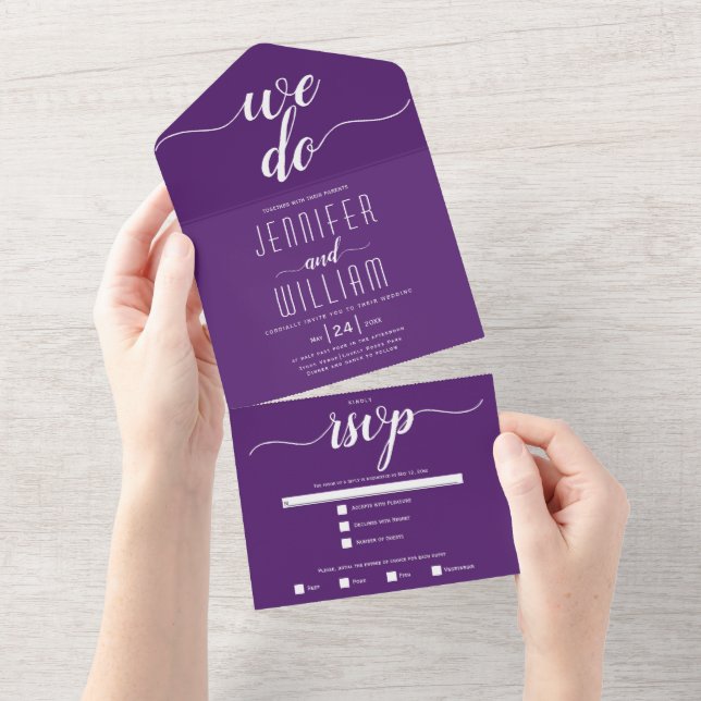 "We do" purple white script calligraphy wedding   All In One Invitation (Tearaway)
