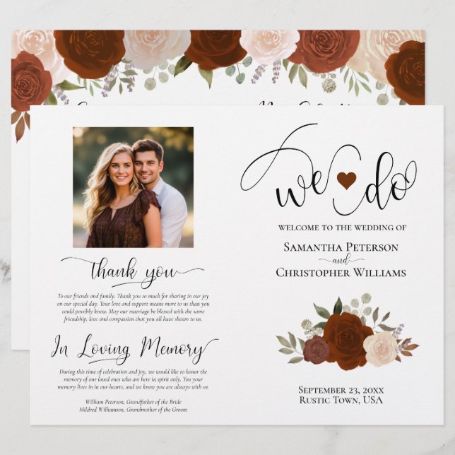 We Do! Rust Orange Roses DIY Fold Wedding Program (Front/Back)