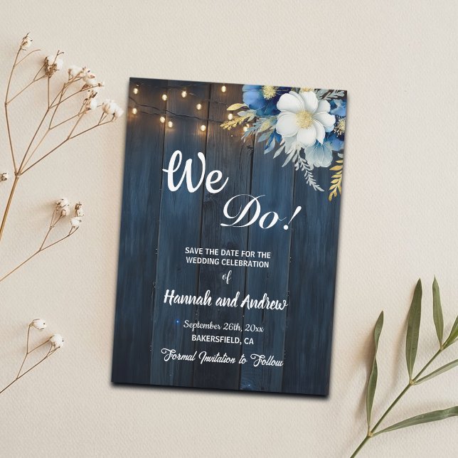 We Do Rustic Blue Wood String Lights Floral Save The Date (Creator Uploaded)