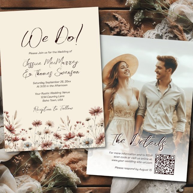 We Do! Rustic Boho Wildflowers Photo & QR Wedding Invitation (Front/Back)