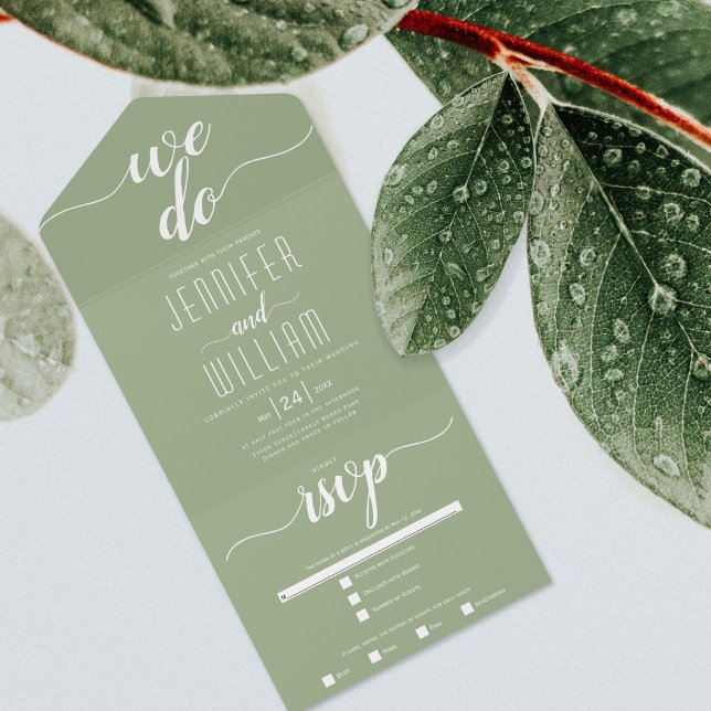 "We do" sage green script calligraphy wedding All In One Invitation (Creator Uploaded)