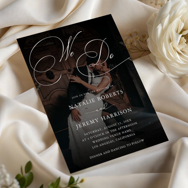 We Do Script Dark Faded Photo QR Code Wedding Invitation (Creator Uploaded)