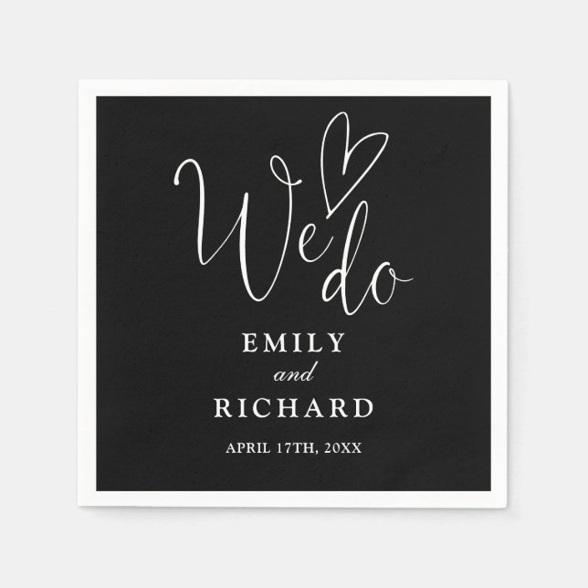 We Do Script Love Heart Black And White Wedding Napkin (Front)