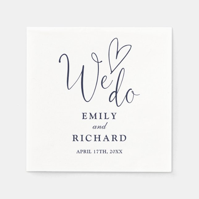 We Do Script Love Heart Navy Blue Wedding Napkin (Front)