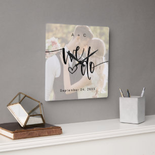 We Do Script Photo Wedding Anniversary Square Wall Clock