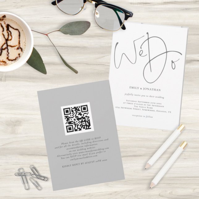 We Do Script QR Code Minimalist Grey Wedding Invitation (Creator Uploaded)