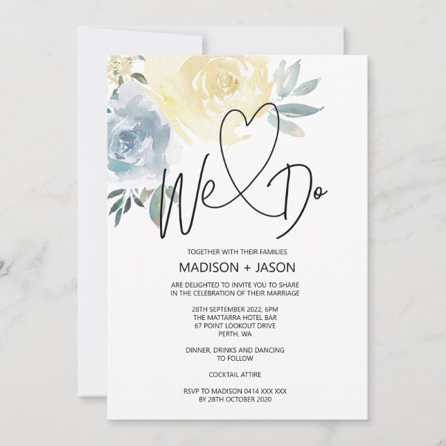 We Do Simple Modern Wedding Blue Cream Floral Invitation (Front)