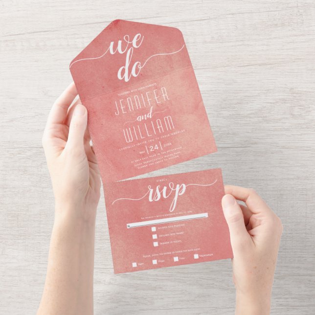 "We do" stained pink-peach calligraphy wedding All In One Invitation (Tearaway)