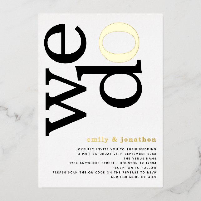 We Do Stylish Text QR Code Gold Real Foil Invitati (Front)