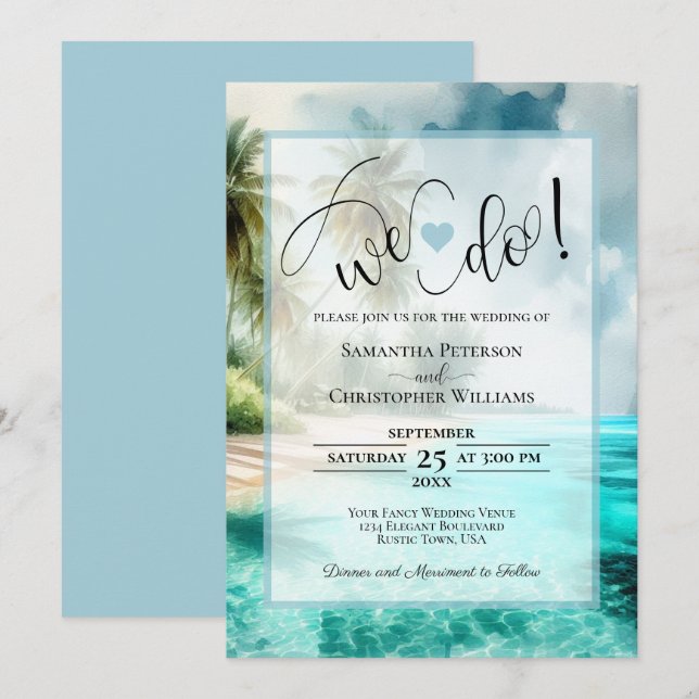 We Do! Tropical Beach & Palm Trees Wedding Invitation (Front/Back)