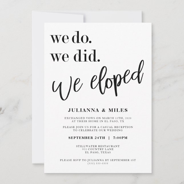 We Do We Did We Eloped Wedding Reception Invitatio Invitation (Front)