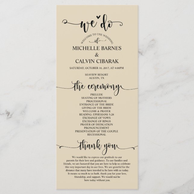We Do Wedding program card in rustic beige theme (Front)