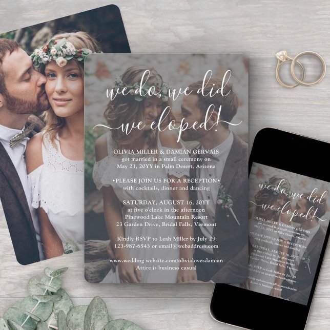 We Eloped 2 Photo Overlay Wedding Reception White Invitation (Creator Uploaded)
