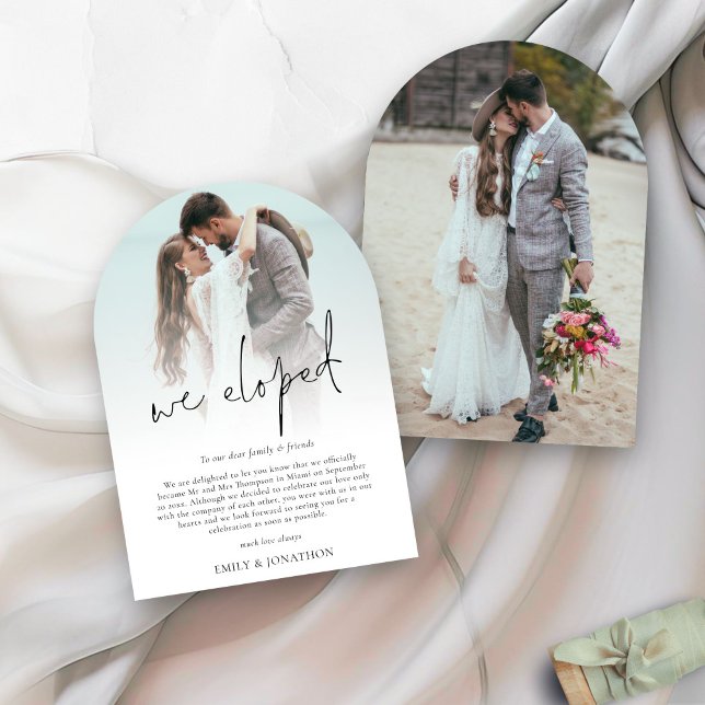 We Eloped 2 Photo Script Wedding Arch card (front and back view)