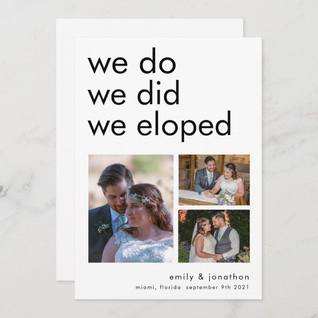 We Eloped 3 Photos Announcement Invitation (Front/Back)