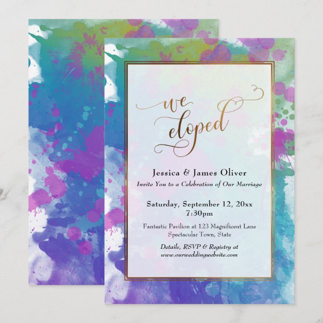 We Eloped Abstract Colourful Paint Splatters Gold Invitation (Front/Back)
