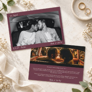 We Eloped Burgundy Handwritten Two Photo Wedding Announcement