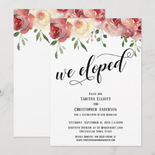 We Eloped Calligraphy, Burgundy, Blush Roses Invitation