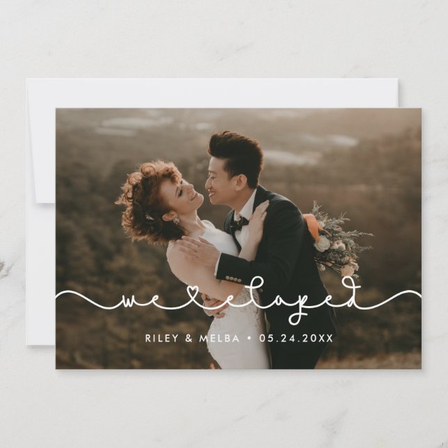 We eloped Cute connecting heart font photo Announcement (Front)