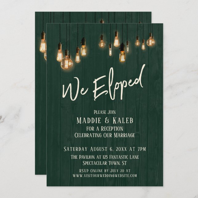 We Eloped Dark Green Rustic Wood Edison Lightbulbs Invitation (Front/Back)