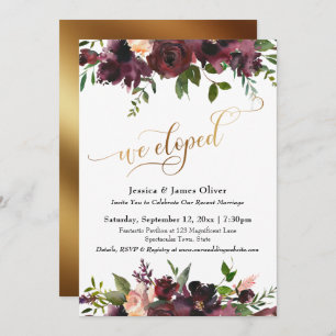We Eloped Deep Red Burgundy Floral Gold Script Invitation