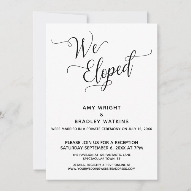 "We Eloped" Elegant Post-Wedding Reception Invitation (Front)