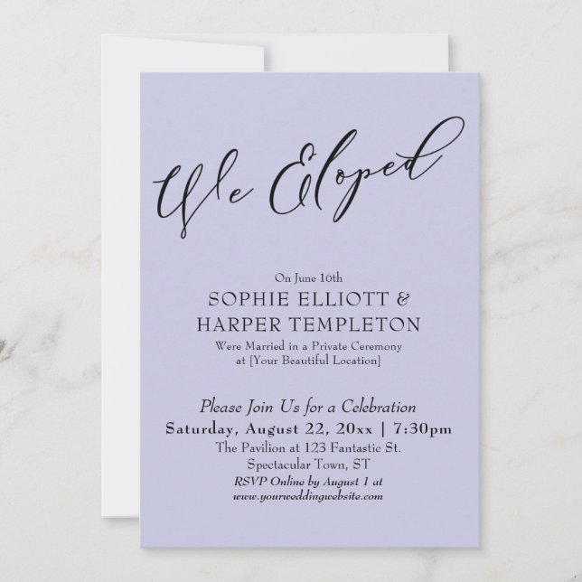 We Eloped, Elegant Simple Lavender Celebration Invitation (Front)