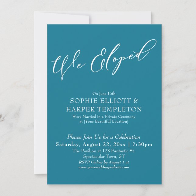 We Eloped, Elegant Simple Mosaic Blue Celebration Invitation (Front)
