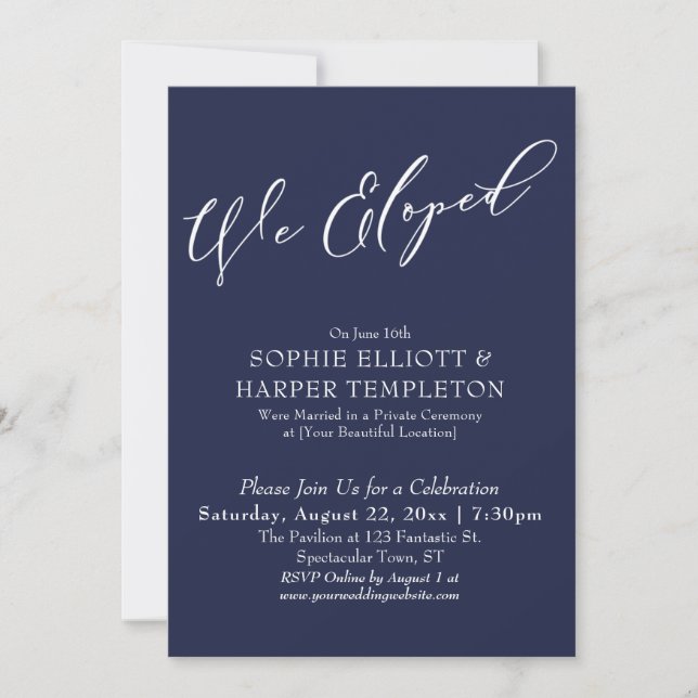 We Eloped, Elegant Simple Navy Blue Celebration Invitation (Front)