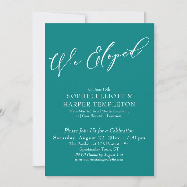 We Eloped, Elegant Simple Teal Celebration Invitation (Front)