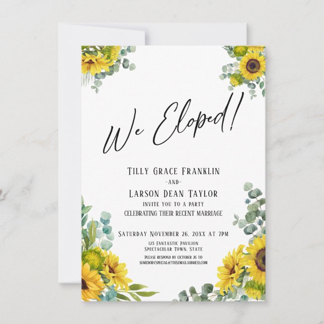 We Eloped! Eucalyptus Sunflower Reception Invitation (Front)