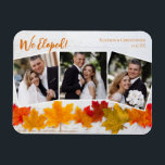 We Eloped Fall Leaf Wedding Announcement Photo Magnet<br><div class="desc">This beautiful wedding announcement Thanksgiving photo magnet features an elegant 3 photograph collage under the orange words We Eloped. This pretty autumn leaf photograph with trendy white wood behind the leaves is a chic holiday magnetic card to decorate with your newlywed photographs. Give thanks for your new marriage with these...</div>