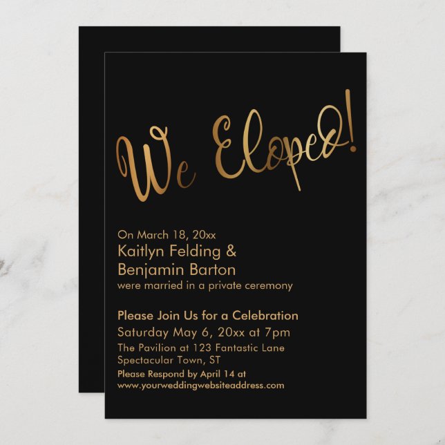 We Eloped! Gold and Black Post Wedding Celebration Invitation (Front/Back)