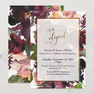 We Eloped Gold Script, Dark Red Burgundy Floral Invitation