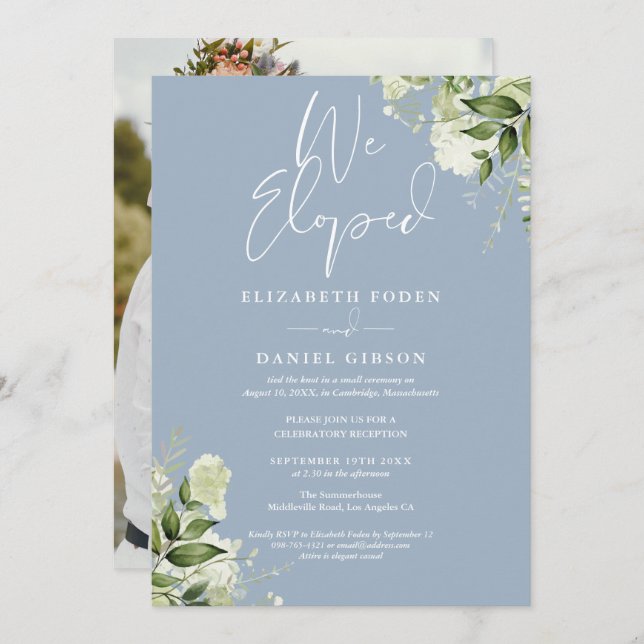 We Eloped Greenery Dusty Blue Photo Wedding Party Invitation (Front/Back)