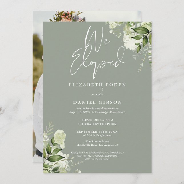 We Eloped Greenery Sage Green Photo Wedding Party Invitation (Front/Back)