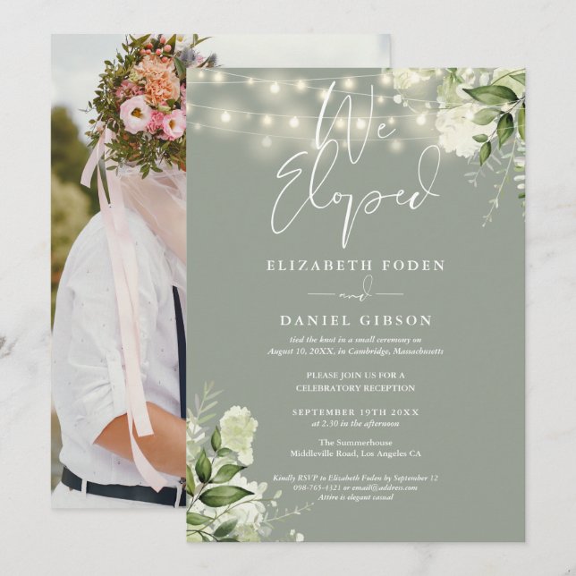 We Eloped Greenery Sage Green Photo Wedding Party Invitation (Front/Back)