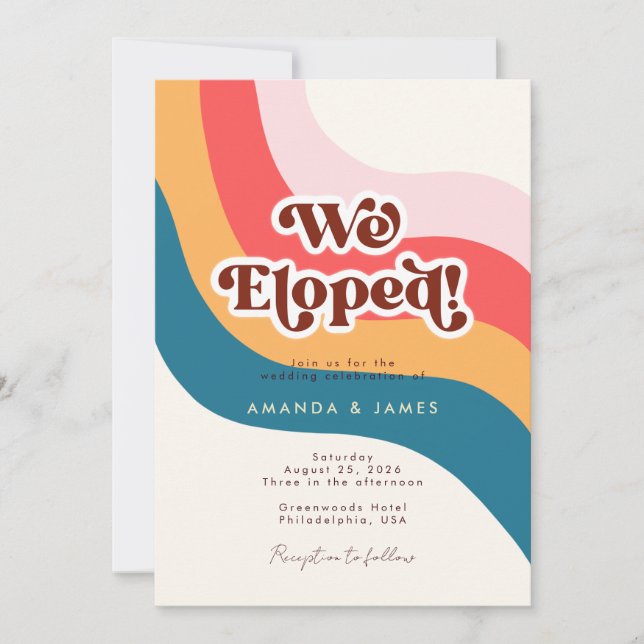 We Eloped Groovy Retro 70s Wavy Line Photo Wedding Invitation (Front)