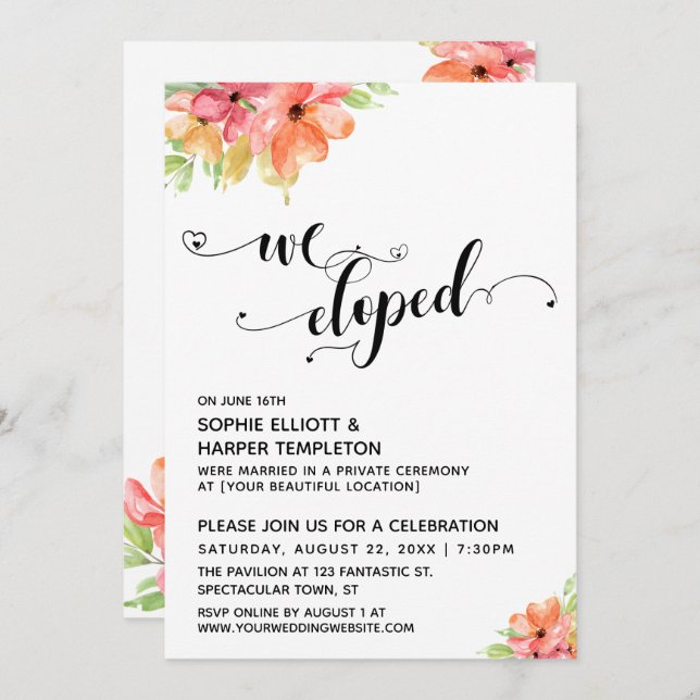 We Eloped Hearts Script Watercolor Flowers Invitation (Front/Back)