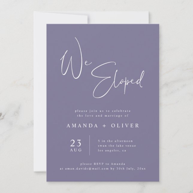 We Eloped Lavender Purple Minimalist Elopement  Announcement (Front)