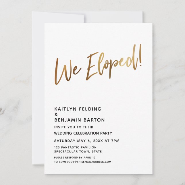 We Eloped! Minimal Gold Calligraphy Celebration Invitation (Front)