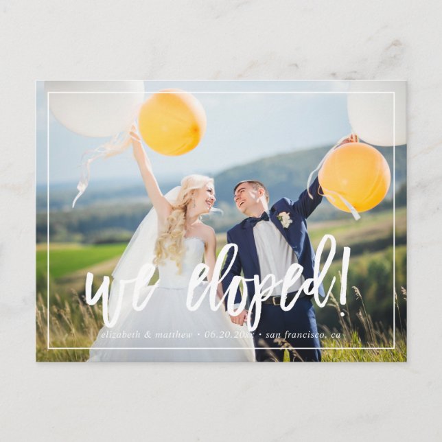 We Eloped! Modern Custom Photo Announcement Postcard (Front)